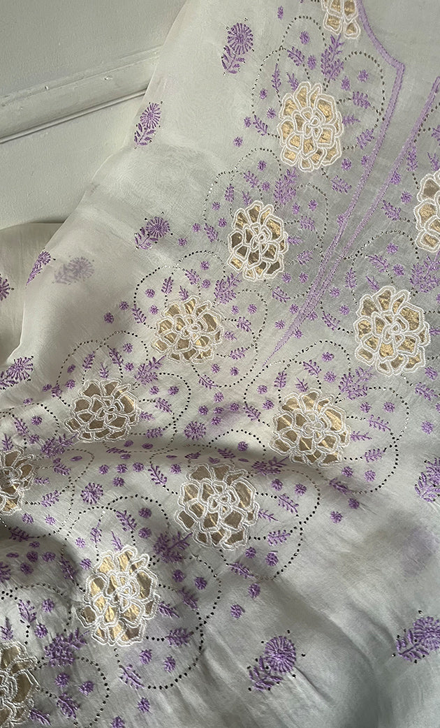 Women's Lakhnavi Handcrafted Pure Organza Chikankari Unstitched Kurta And Dupatta Set- HONC0336955