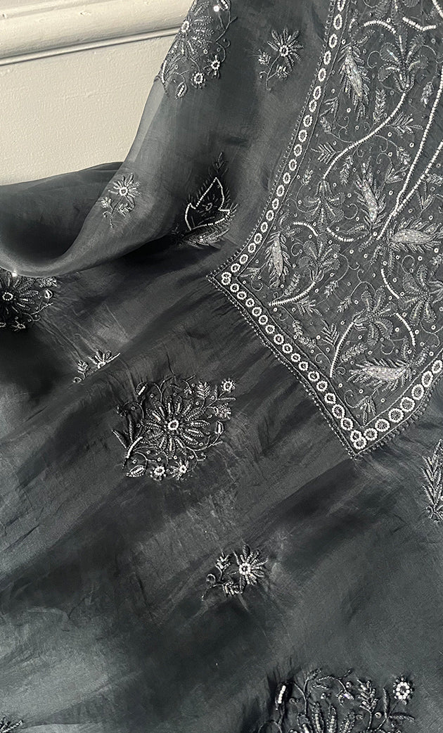 Women's Lakhnavi Handcrafted Pure Organza Chikankari Unstitched Kurta And Dupatta Set- HONC0311247