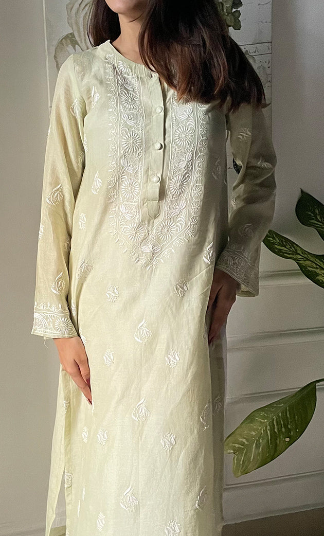 Amayra Women's Lucknowi Handcrafted Maheshwari Mul Chanderi Chikankari Kurti - HONC0300060