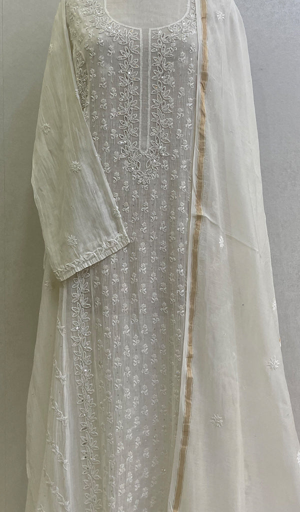 Women's Lucknowi Handcrafted Mul Chanderi Chikankari Semi Stitched Kurta And Dupatta Set- Honc0143019