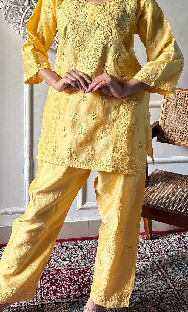 Imara Women's Lakhnavi Handcrafted Chanderi Silk Chikankari Top And Pant Set - HONC0340442