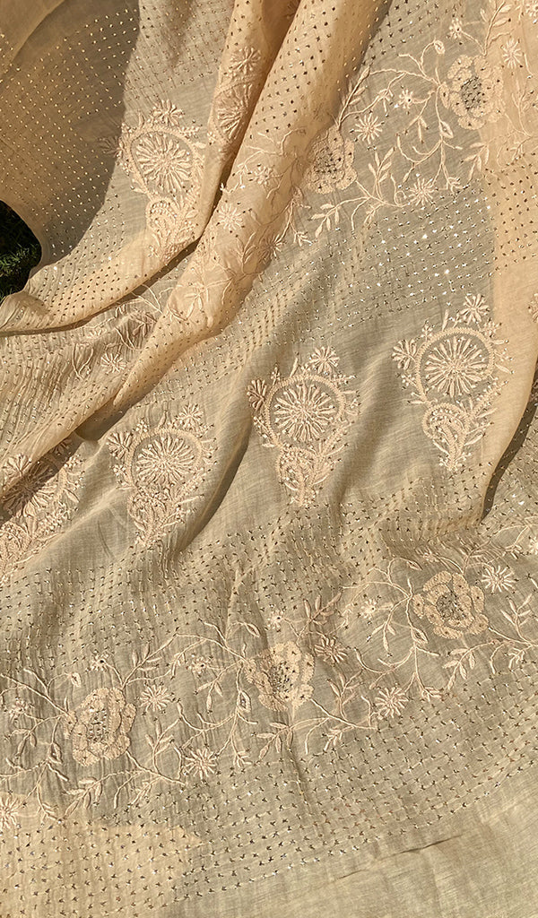 Women's Lakhnavi Handcrafted Mul Chanderi Chikankari Saree - HONC02557008