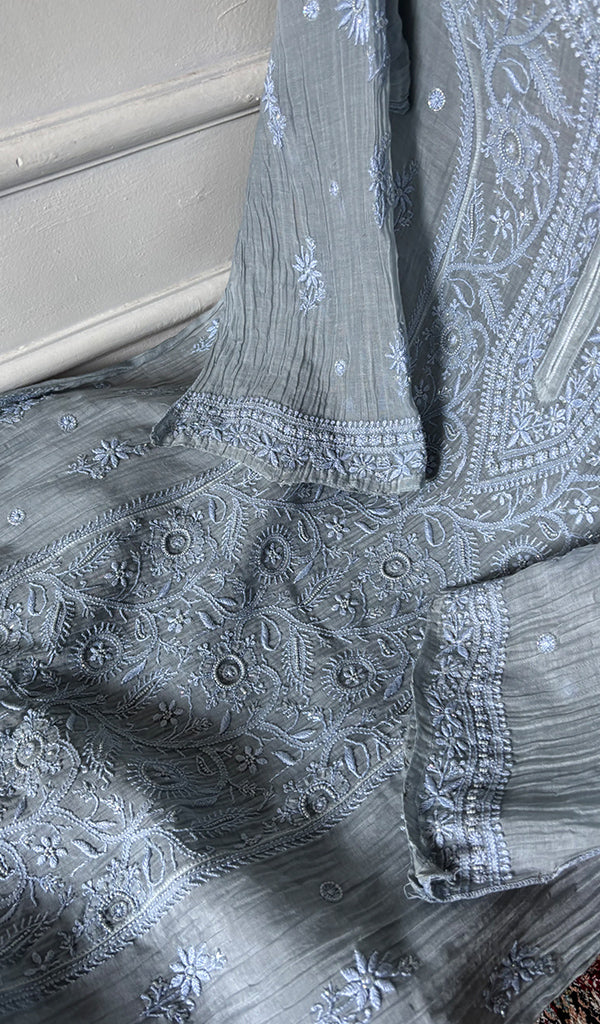 Women's Lakhnavi Handcrafted Mul Chanderi Semi - stitched Chikankari Full Suit Material - HONC0344345