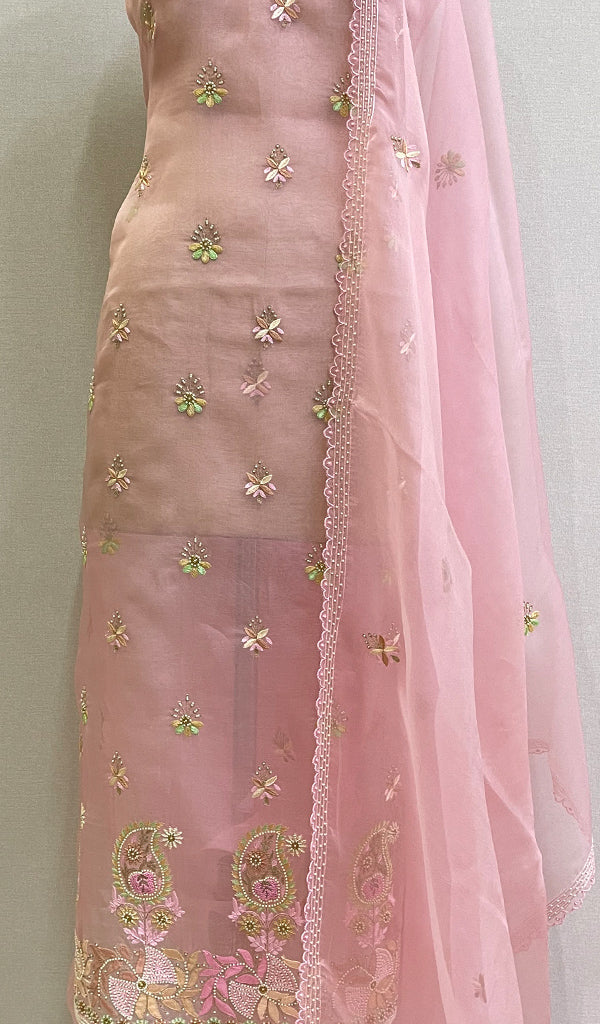 Women's Lakhnavi Handcrafted Pure Organza Chikankari Unstitched Kurta And Dupatta Set- HONC0139598