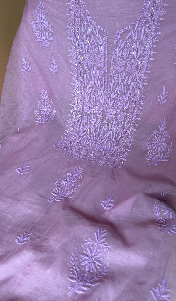 Women's Lakhnavi Handcrafted Mul Chanderi Unstitched Chikankari Full Suit Material - HONC0373757