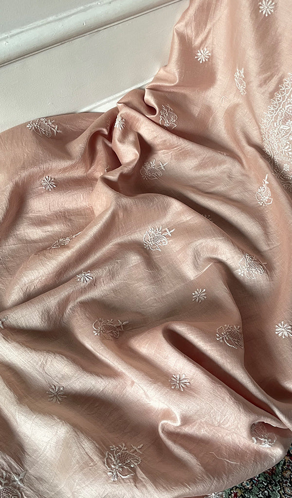 Women's Lucknowi Handcrafted Chanderi Silk Unstitched Chikankari Kurta and Dupatta Set- HONC0288649