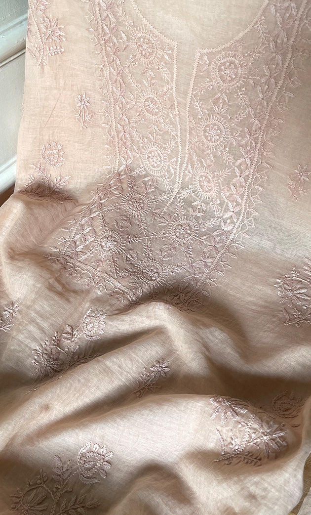 Women's Lakhnavi Handcrafted Mul Chanderi Unstitched Chikankari Full Suit Material - HONC0319535