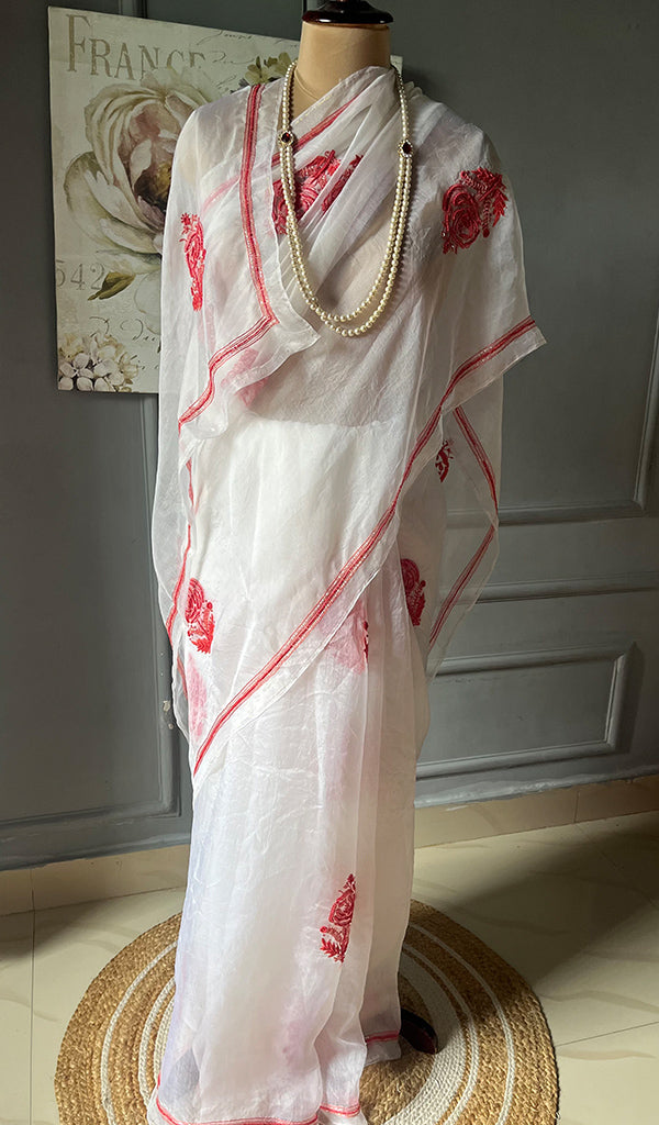 Women's Lucknowi Handcrafted Pure Organza Silk Chikankari Saree - HONC0295368