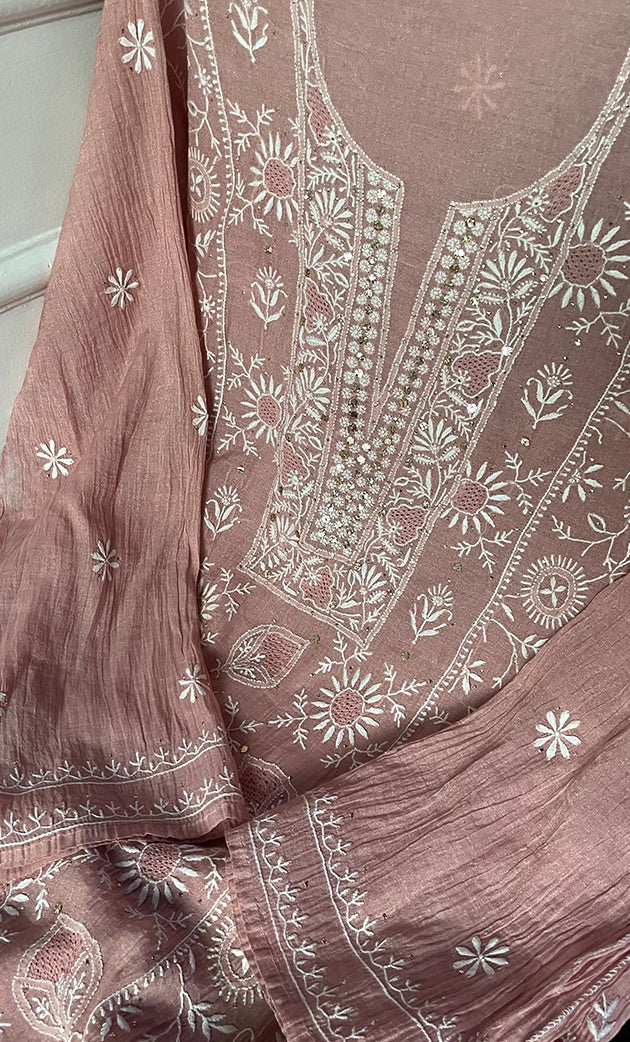 Women's Lakhnavi Handcrafted Tissue Chanderi Semi - Stitched Kurta And Dupatta Set- HONC0270644