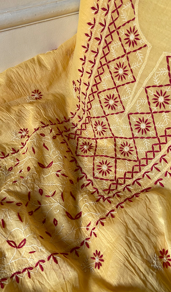 Women's Lakhnavi Handcrafted Chanderi Silk Unstitched Chikankari Full Suit - HONC0369251