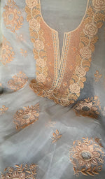 Load image into Gallery viewer, Rose Women's Lakhnavi Handcrafted Pure Organza Chikankari Unstitched Kurta And Dupatta Set- HONC0340809