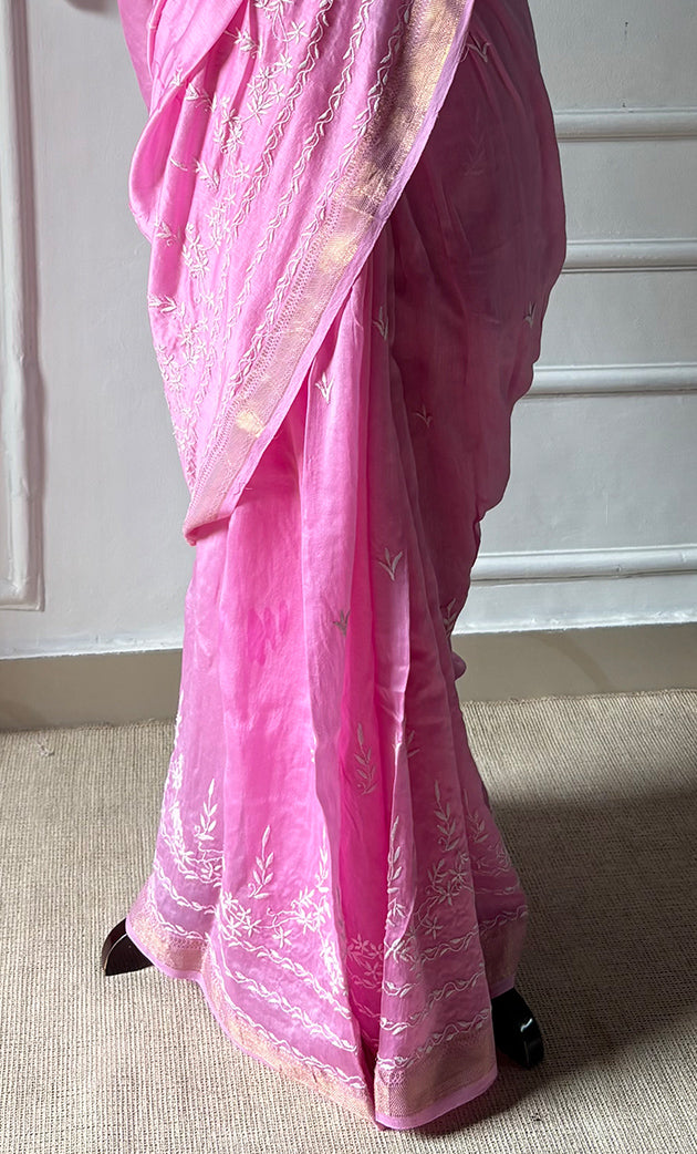 Women's Lakhnavi Handcrafted Chanderi Silk Chikankari Saree - HONC0273491