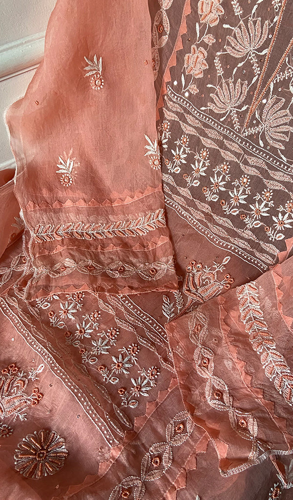 Women's Lakhnavi Handcrafted Pure Organza Chikankari Semi - Stitched Kurta And Dupatta Set- HONC0310093