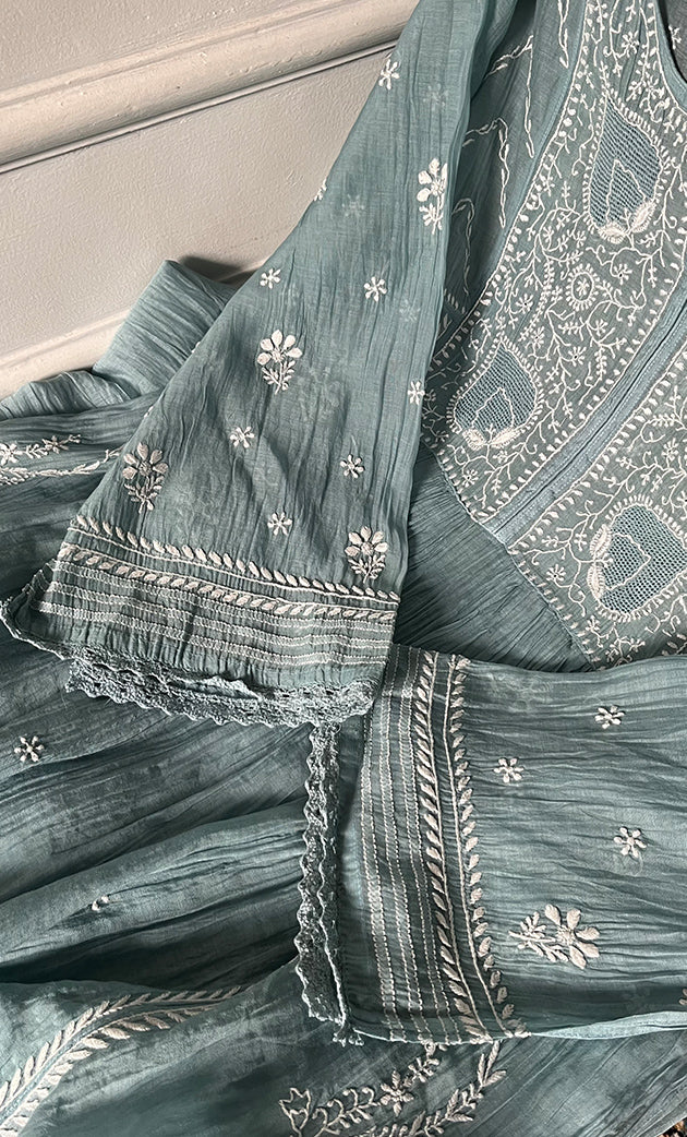 Izana Women's Lakhnavi Handcrafted Mul Chanderi Semi - stitched Chikankari Full Suit Material - HONC0333504