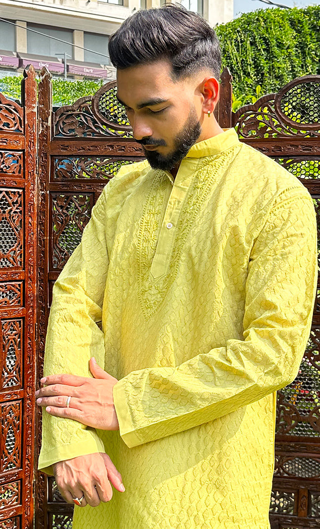 Men's Lucknowi Handcrafted Cotton Chikankari Kurta - HONC02606620