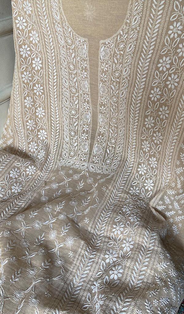 Women's Lakhnavi Handcrafted Tissue Chanderi Unstitched Chikankari Kurta And Dupatta Set - HONC0352502