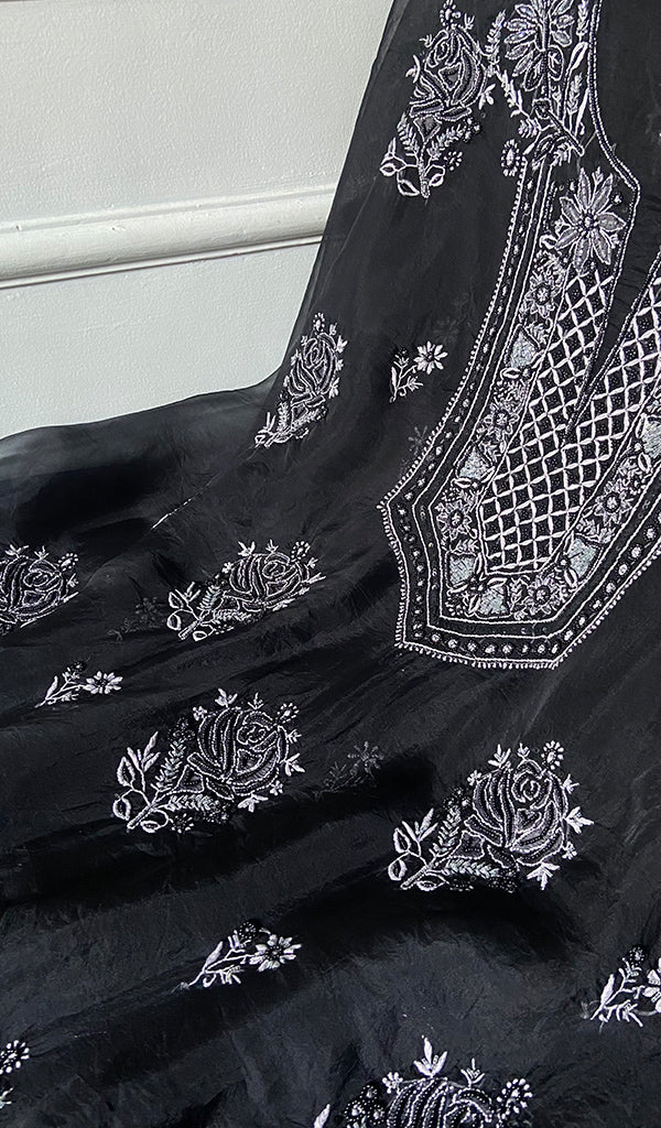 Women's Lakhnavi Handcrafted Pure Organza Chikankari Unstitched Kurta And Dupatta Set- HONC0329215