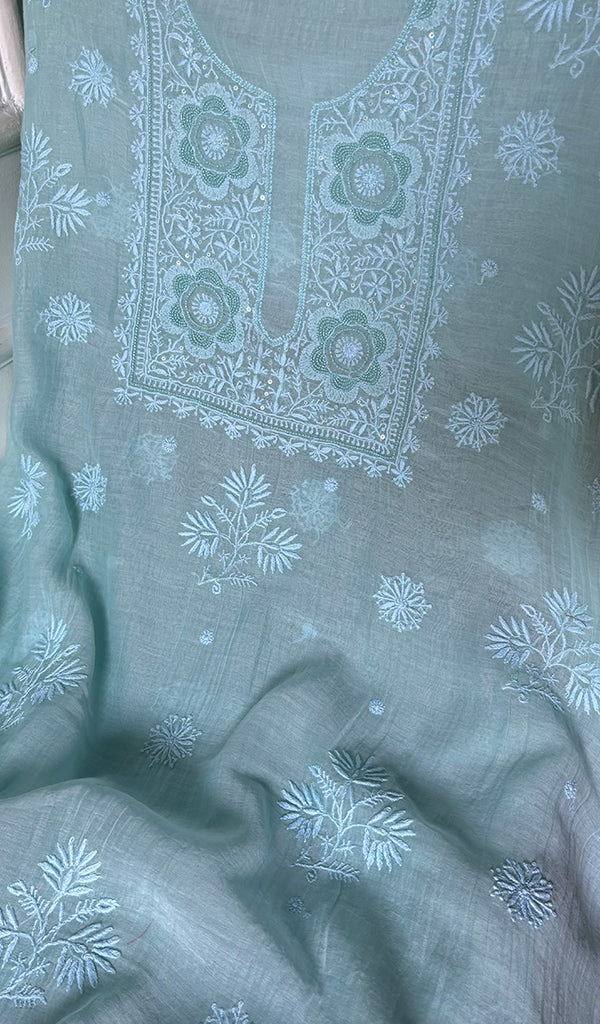 Women's Lakhnavi Handcrafted Mul Chanderi Unstitched Chikankari Full Suit Material - HONC0344357