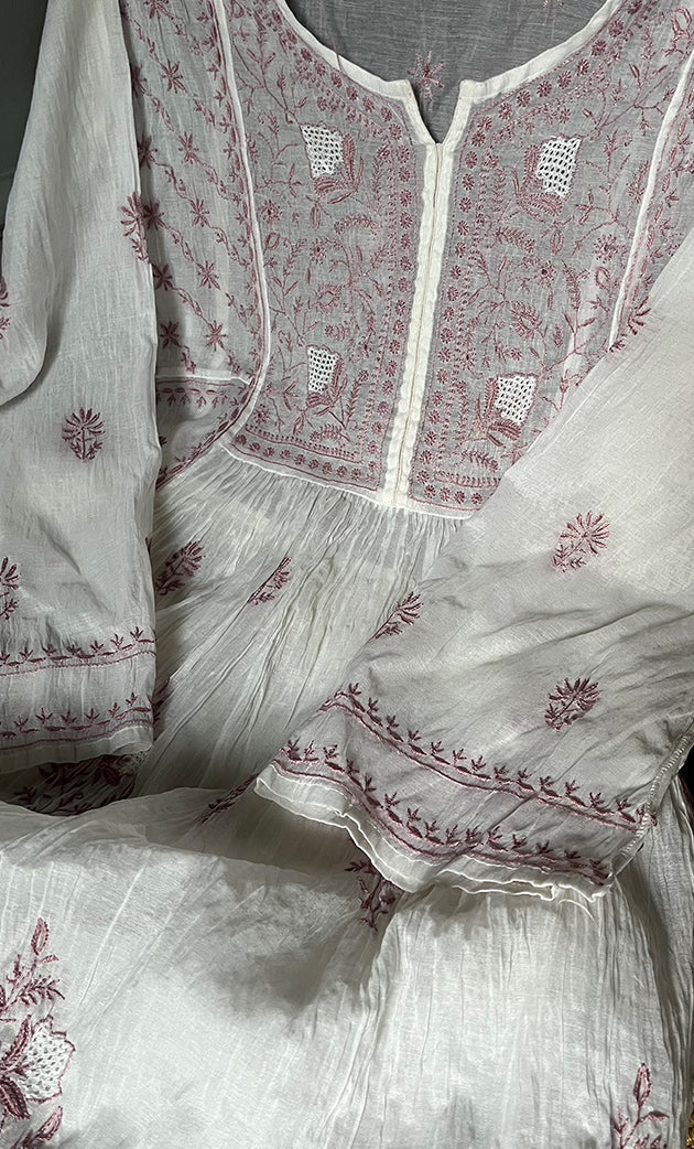 Women's Lakhnavi Handcrafted Mul Chanderi Semi - Stitched Kurta And Dupatta Set - HONC0274489