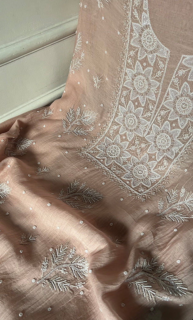 Women's Lakhnavi Handcrafted Mul Chanderi Unstitched Kurta And Dupatta Set- HONC0319474