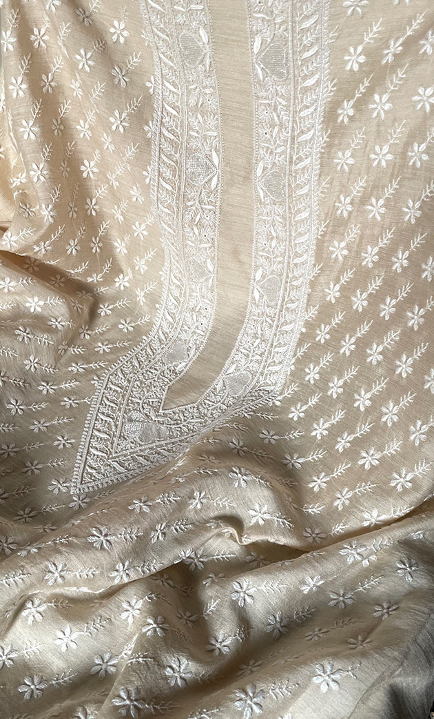 Lucknowi Handcrafted Munga Silk Chikankari Unstitched Unisex Kurta Fabric - HONC0320842