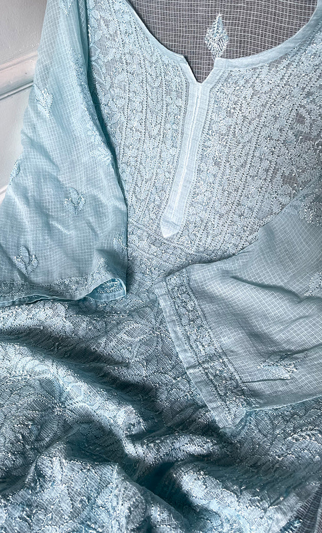 Women's Lakhnavi Handcrafted Kota Cotton Semi - Stitched Kurta And Dupatta Set- HONC0314208