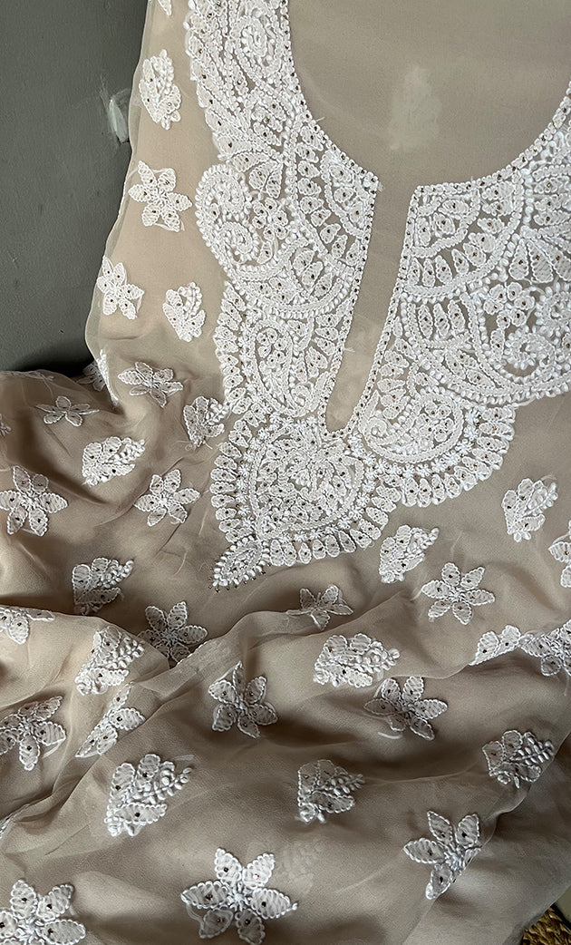 Women's Lakhnavi Handcrafted Unstitched Faux-Georgette Chikankari Suit Material - HONC0263063