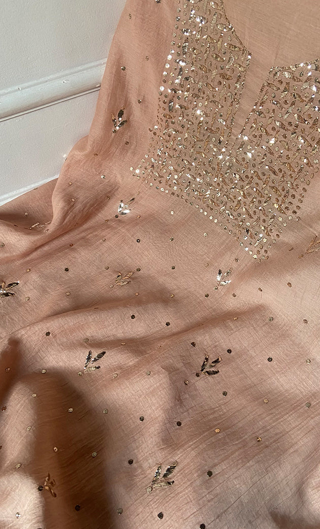 Women's Lakhnavi Handcrafted Mul Chanderi Unstitched Kurta And Dupatta Set- HONC0337823