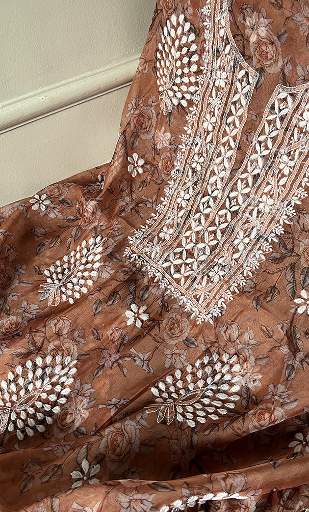 Women's Lakhnavi Handcrafted Organza Chikankari Unstitched Kurta And Dupatta Set - HONC0332128