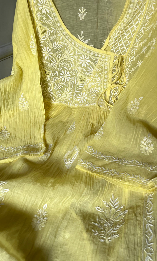 Women's Lakhnavi Handcrafted Mul Chanderi Semi - Stitched Angrakha And Dupatta Set - HONC0303408