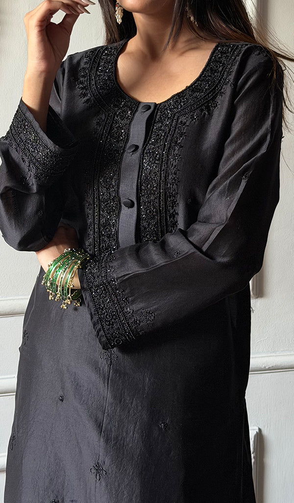 Ishita  Women's Lucknowi Handcrafted Chanderi Silk Chikankari Kurti - HONC0350675