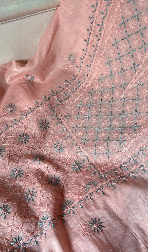 Women's Lakhnavi Handcrafted Mul Chanderi Unstitched Chikankari Full Suit Material - HONC0369250