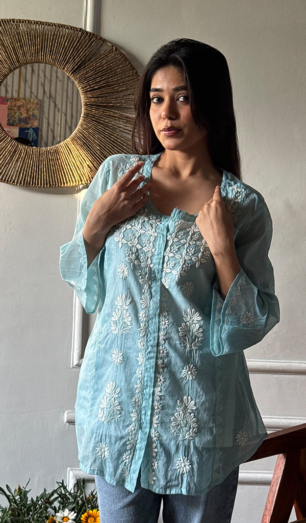 Vaanya Women's Lakhnavi Handcrafted Mul Chanderi Chikankari Top - HONC0334167