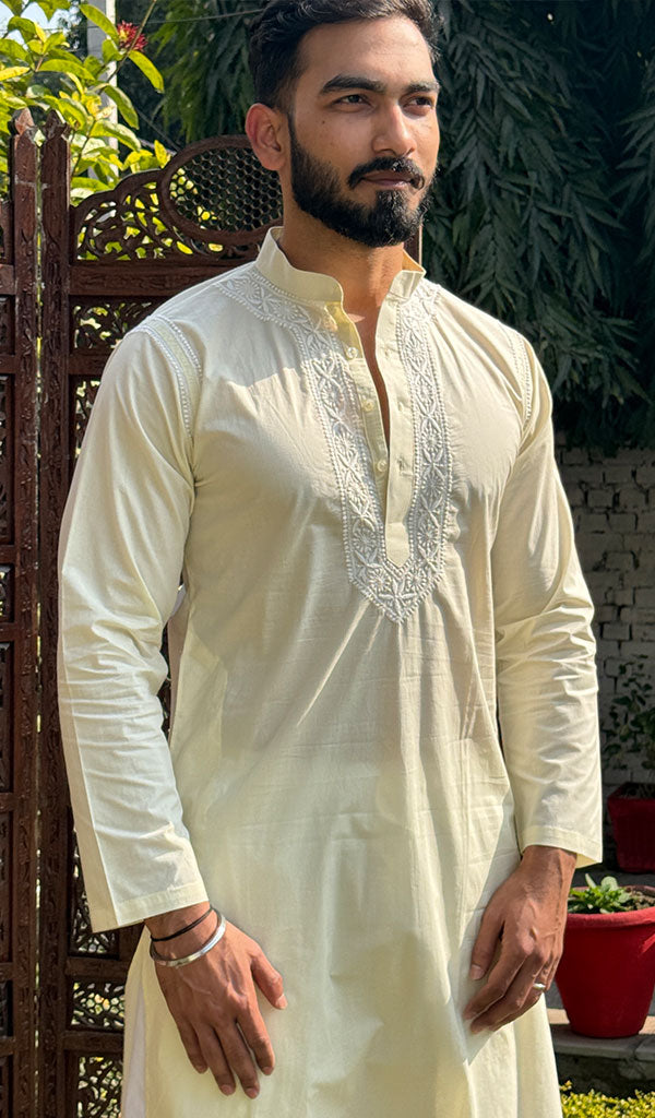 Men's Lucknowi Handcrafted Cotton Chikankari Kurta -  HONC0115475