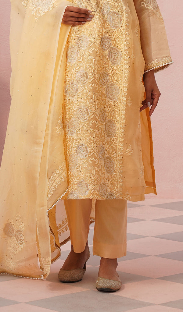 Women's Lucknowi Handcrafted Pure Organza Silk Stitched Chikankari Kurta, Dupatta With Pant Set- HONC04464644