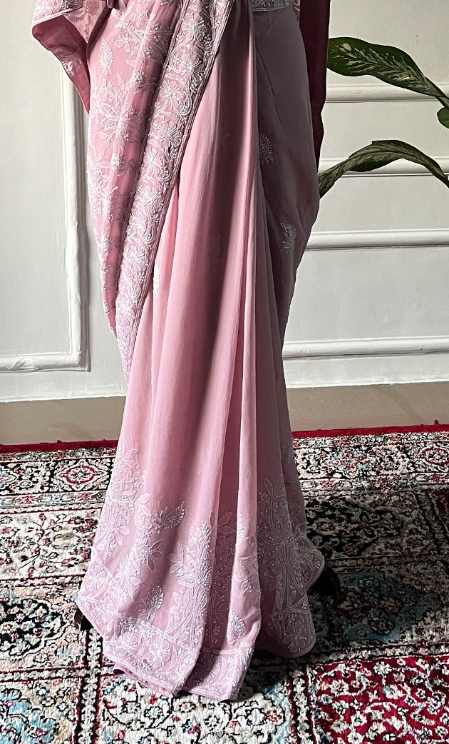 Women's Lakhnavi Handcrafted Pure Silk Georgette Chikankari Saree - HONC0330945