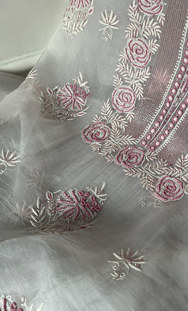 Gulaab Women's Lakhnavi Handcrafted Pure Organza Chikankari Unstitched Kurta And Dupatta Set- HONC0319870