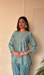 Anika Women's Lucknowi Handcrafted Chanderi Silk Chikankari Top with Farshi Salwar Set