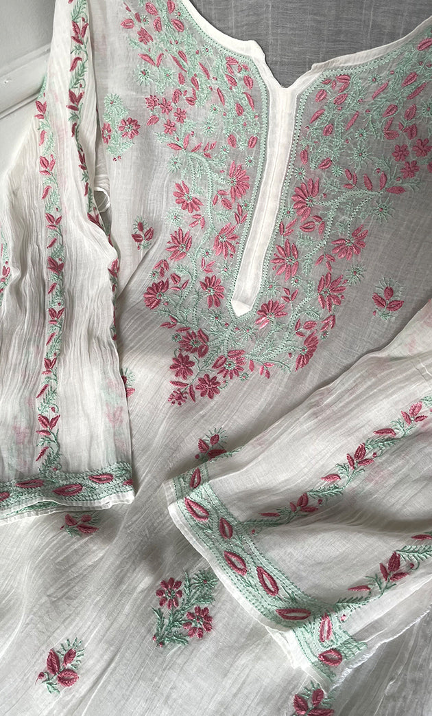 Women's Lakhnavi Handcrafted Mul Chanderi Semi - Stitched Kurta And Dupatta Set - HONC0305477