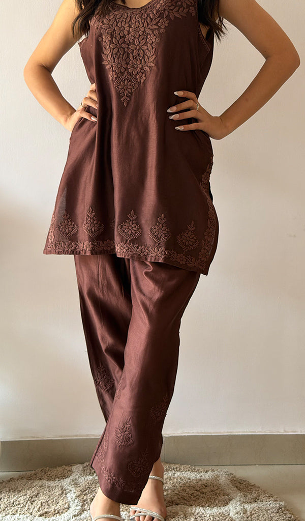 Amreena Women's Lakhnavi Handcrafted Chanderi Silk Chikankari Top And Pant Set - HONC0345001