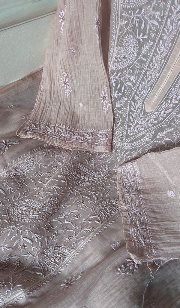 Women's Lakhnavi Handcrafted Mul Chanderi Semi - Stitched Chikankari Full Suit Material - HONC0355837