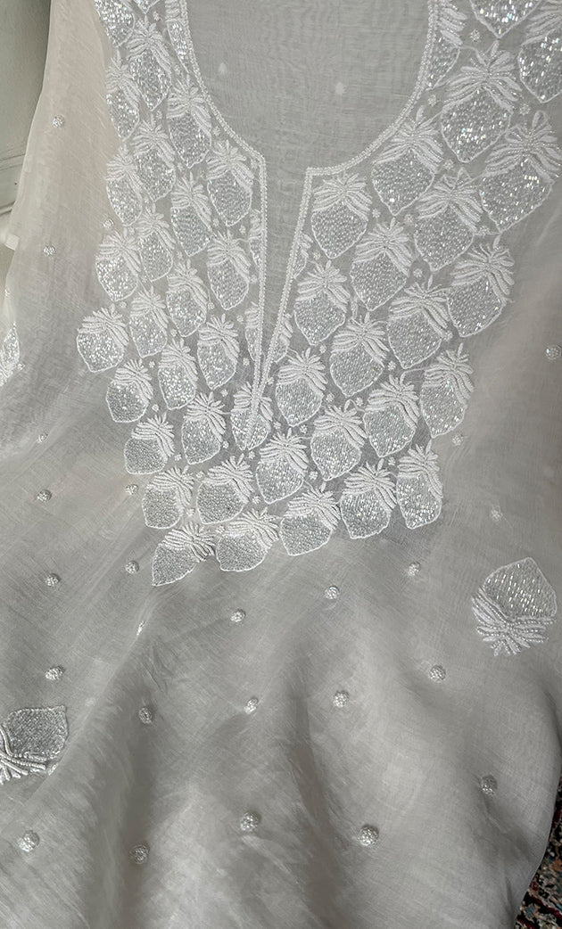 Jazba Women's Lakhnavi Handcrafted Mul Chanderi Unstitched Kurta And Dupatta Set- HONC0332777