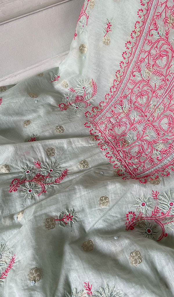 Women's Lakhnavi Handcrafted Mul Chanderi Unstitched Chikankari Full Suit - HONC03522040