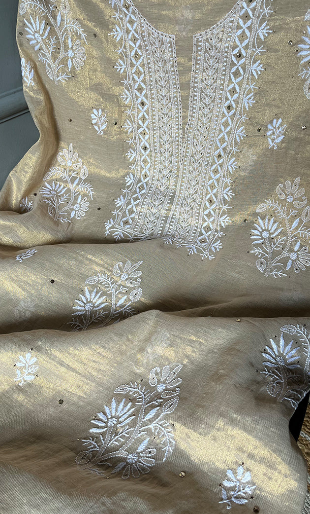 Women's Lakhnavi Handcrafted Tissue Chanderi Unstitched Kurta And Dupatta Set - HONC0278198