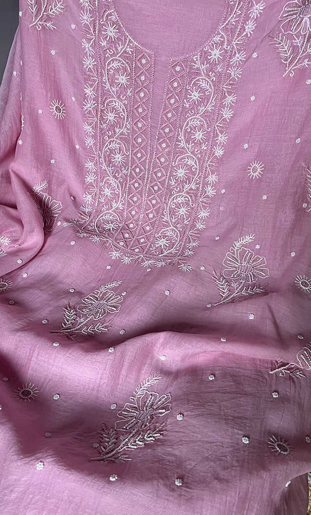 Women's Lakhnavi Handcrafted Mul Chanderi Unstitched Kurta And Dupatta Set- HONC0305200