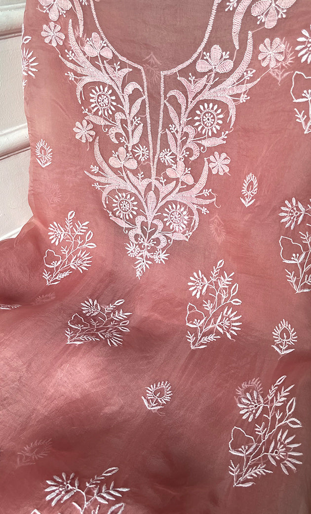 Women's Lakhnavi Handcrafted Pure Organza Chikankari Unstitched Kurta And Dupatta Set- HONC031470