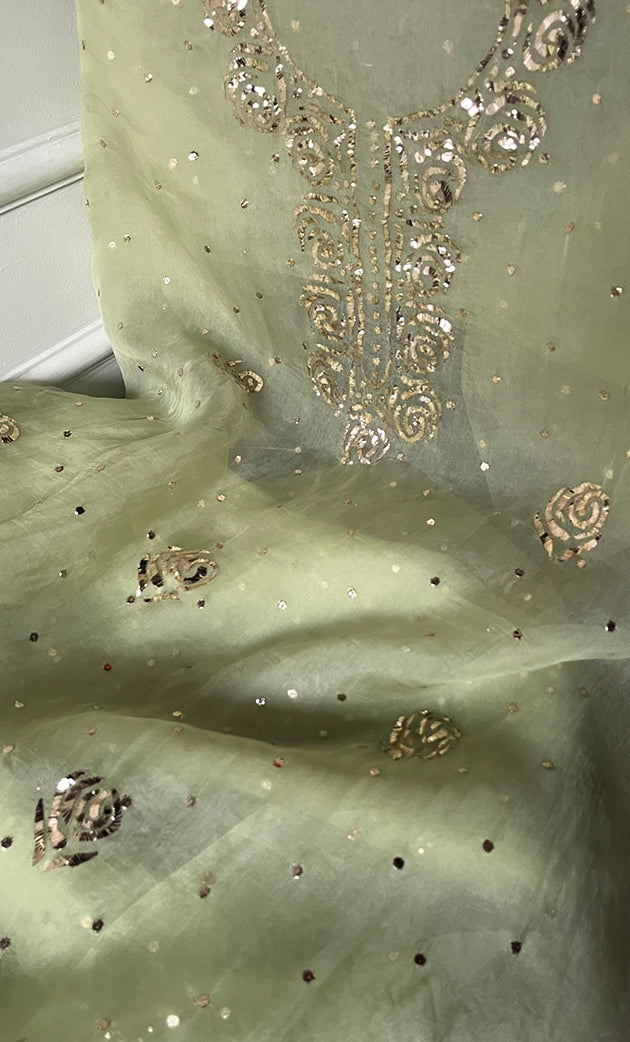 Women's Lakhnavi Handcrafted Pure Organza Chikankari Unstitched Kurta And Dupatta Set- HONC0332698