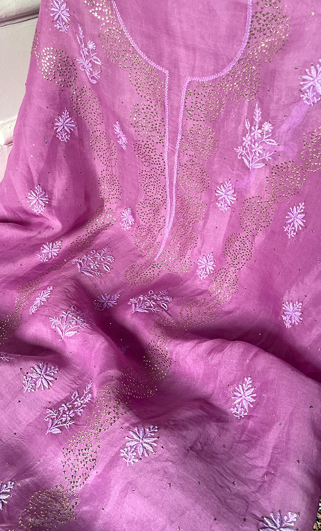 Women's Lakhnavi Handcrafted Pure Organza Chikankari Unstitched Kurta And Dupatta Set- HONC0304147