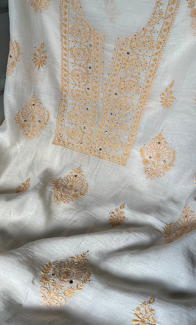Women's Lakhnavi Handcrafted Mul Chanderi Unstitched Kurta And Dupatta Set- HONC0263957
