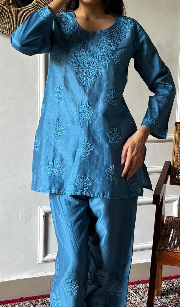 Riddhi Women's Lakhnavi Handcrafted Chanderi Silk Chikankari Top And Pant Set - HONC0360723